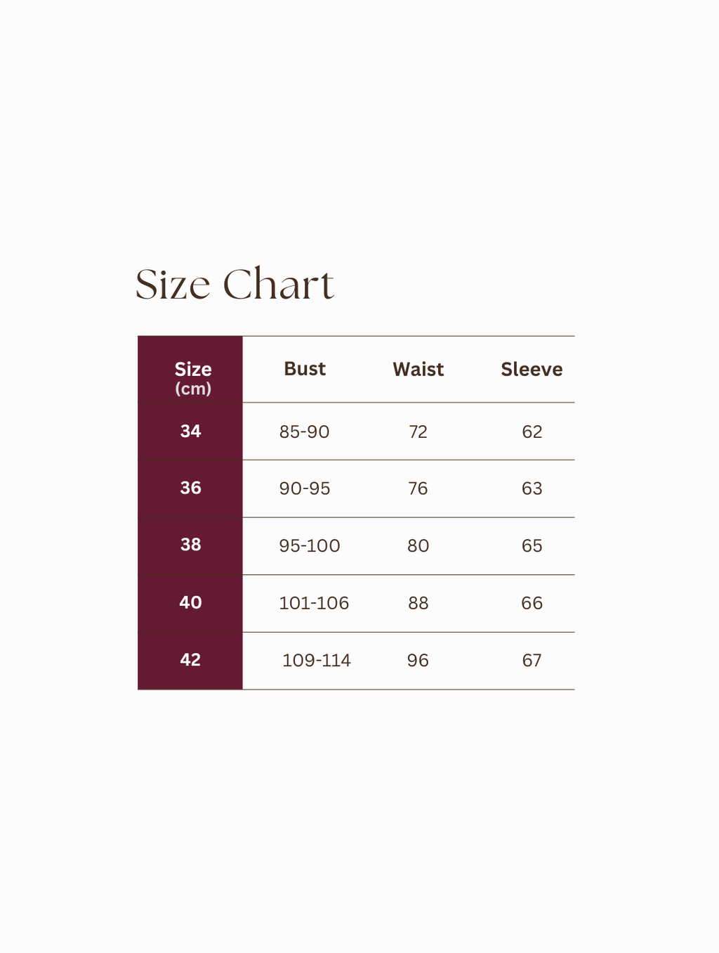 Size chart for the Essence Shirt showing recommended measurements by size. Available sizes range from EU 34 to 42, with corresponding bust, waist, and sleeve length measurements in centimeters.