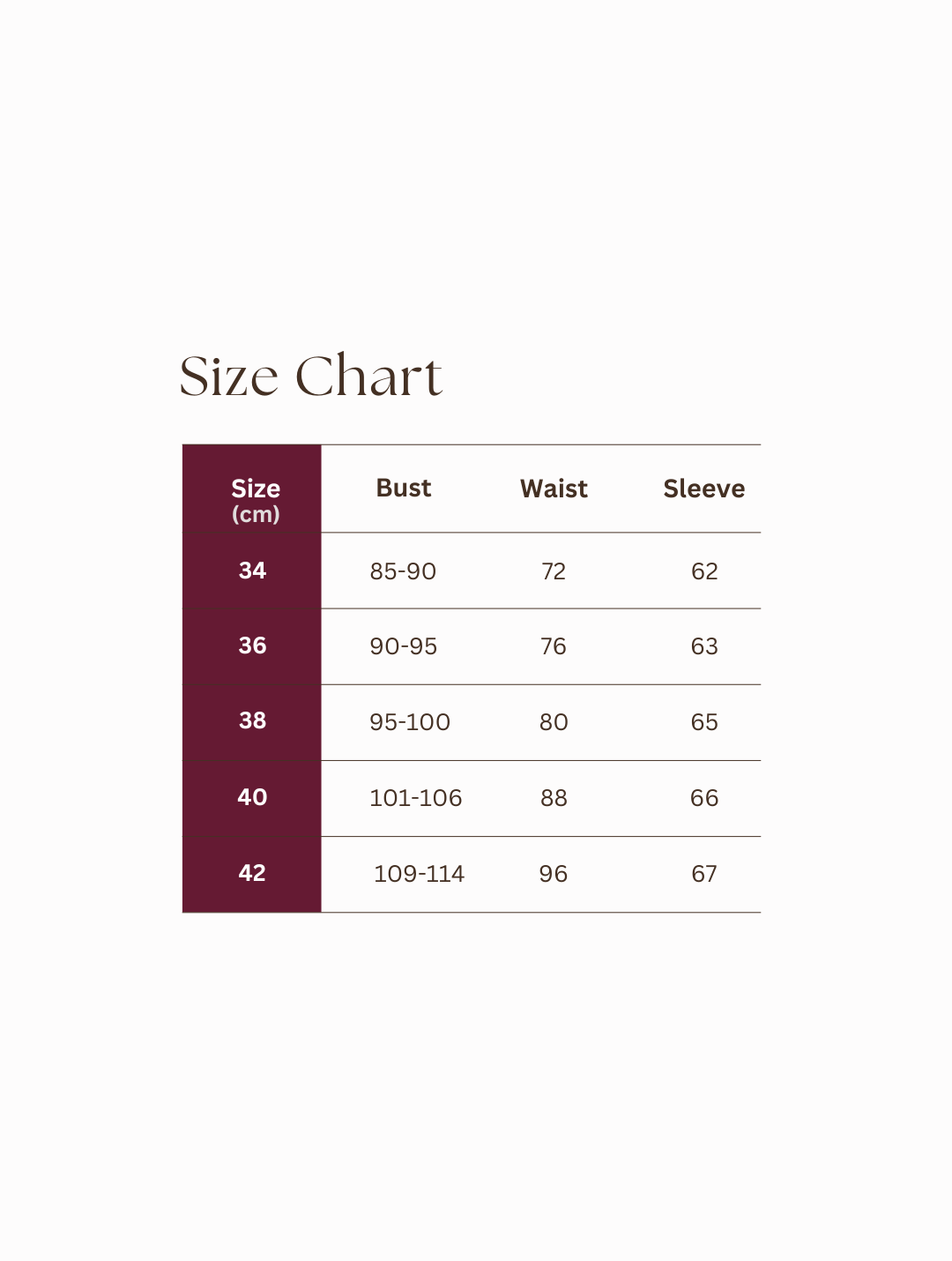 Size chart for the Essence Shirt showing recommended measurements by size. Available sizes range from EU 34 to 42, with corresponding bust, waist, and sleeve length measurements in centimeters.