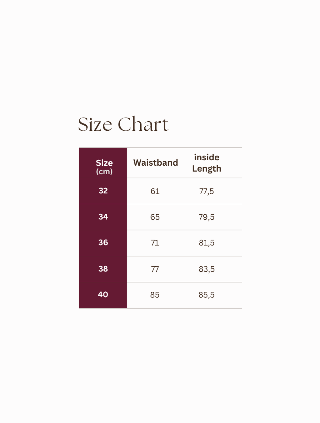Size chart for the Founder's Cut trousers showing waistband measurements and inside leg lengths for sizes 32–40. The chart includes waistband measurements from 61–85 cm and inside leg lengths from 77.5–85.5 cm.