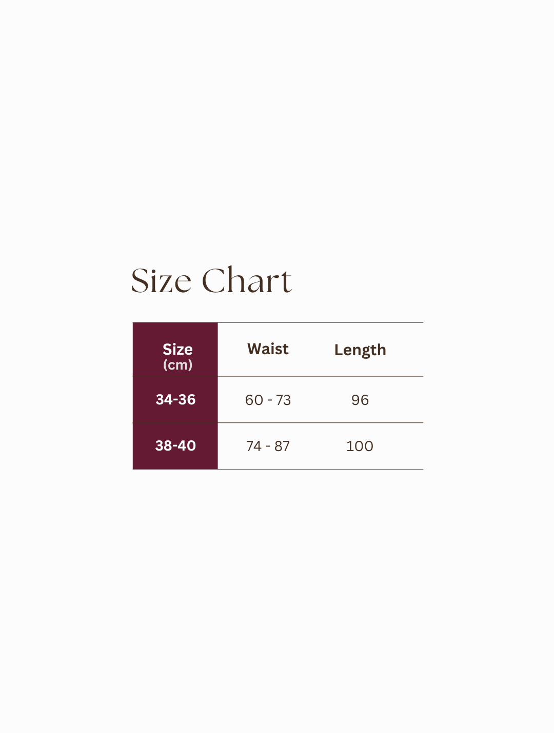 Size chart for the Spring Flow Maxi Skirt showing waist adjustment range and skirt length for sizes 34–40. The chart includes waist measurements from 60–87 cm and lengths of 96 cm (34–36) and 100 cm (38–40).
