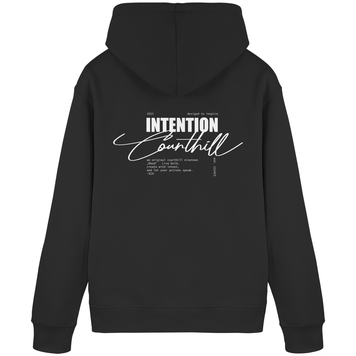 Schwarzer Unisex-Hoodie von CourthillXIX mit dezentem CH-Stick auf der Vorderseite und Courthill XIX Print auf der Rückseite