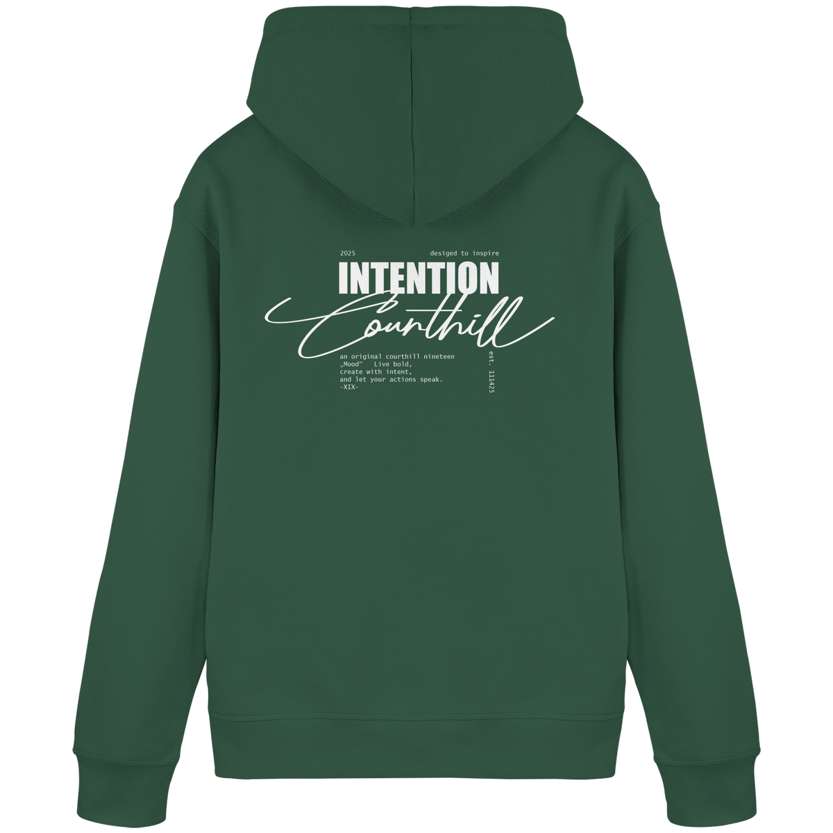 Grüner Unisex-Hoodie von CourthillXIX mit dezentem CH-Stick auf der Vorderseite und Courthill XIX Print auf der Rückseite