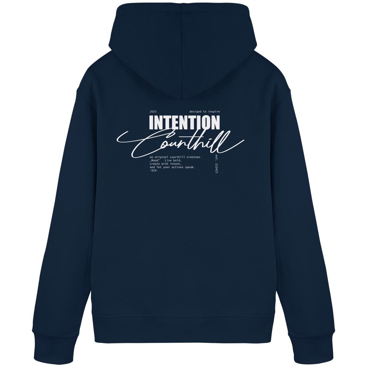 Navy Blue Unisex-Hoodie von CourthillXIX mit dezentem CH-Stick auf der Vorderseite und Courthill XIX Print auf der Rückseite