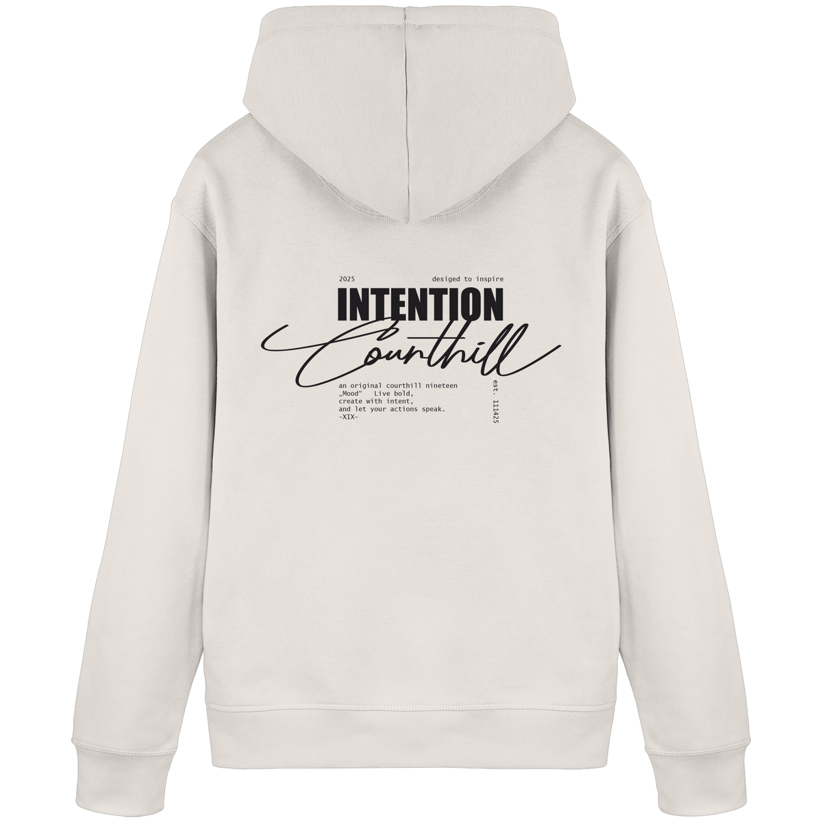 Beiger Unisex-Hoodie von CourthillXIX mit dezentem CH-Stick auf der Vorderseite und Courthill XIX Print auf der Rückseite