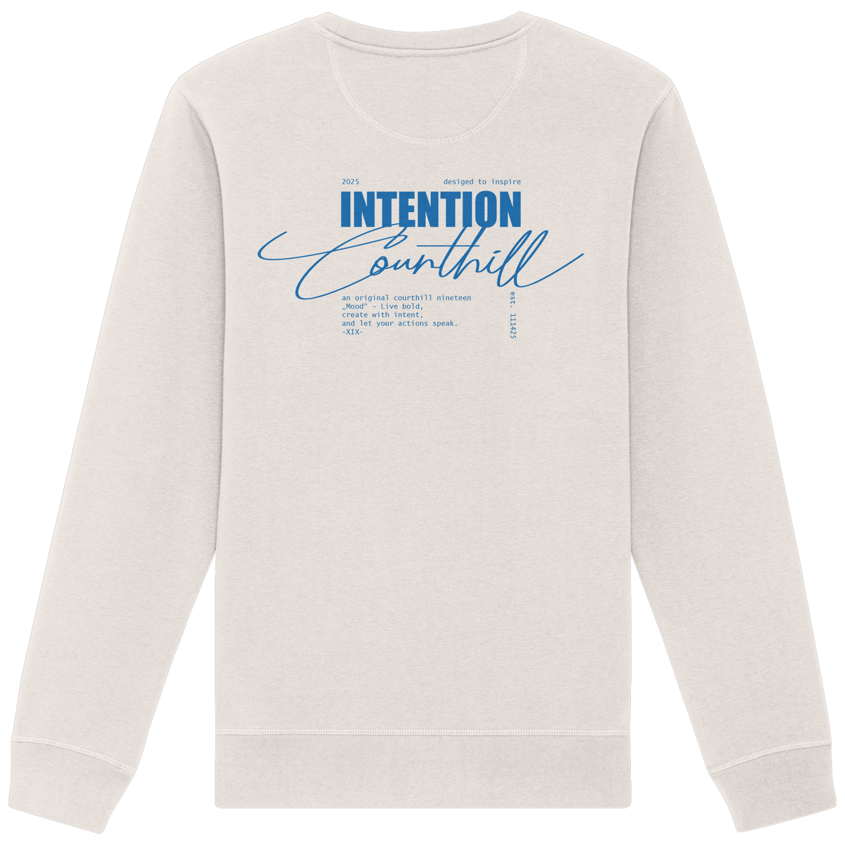 Blauer Unisex-Crewneck von CourthillXIX mit dezentem CH-Stick auf der Vorderseite und Courthill XIX Print auf der Rückseite
