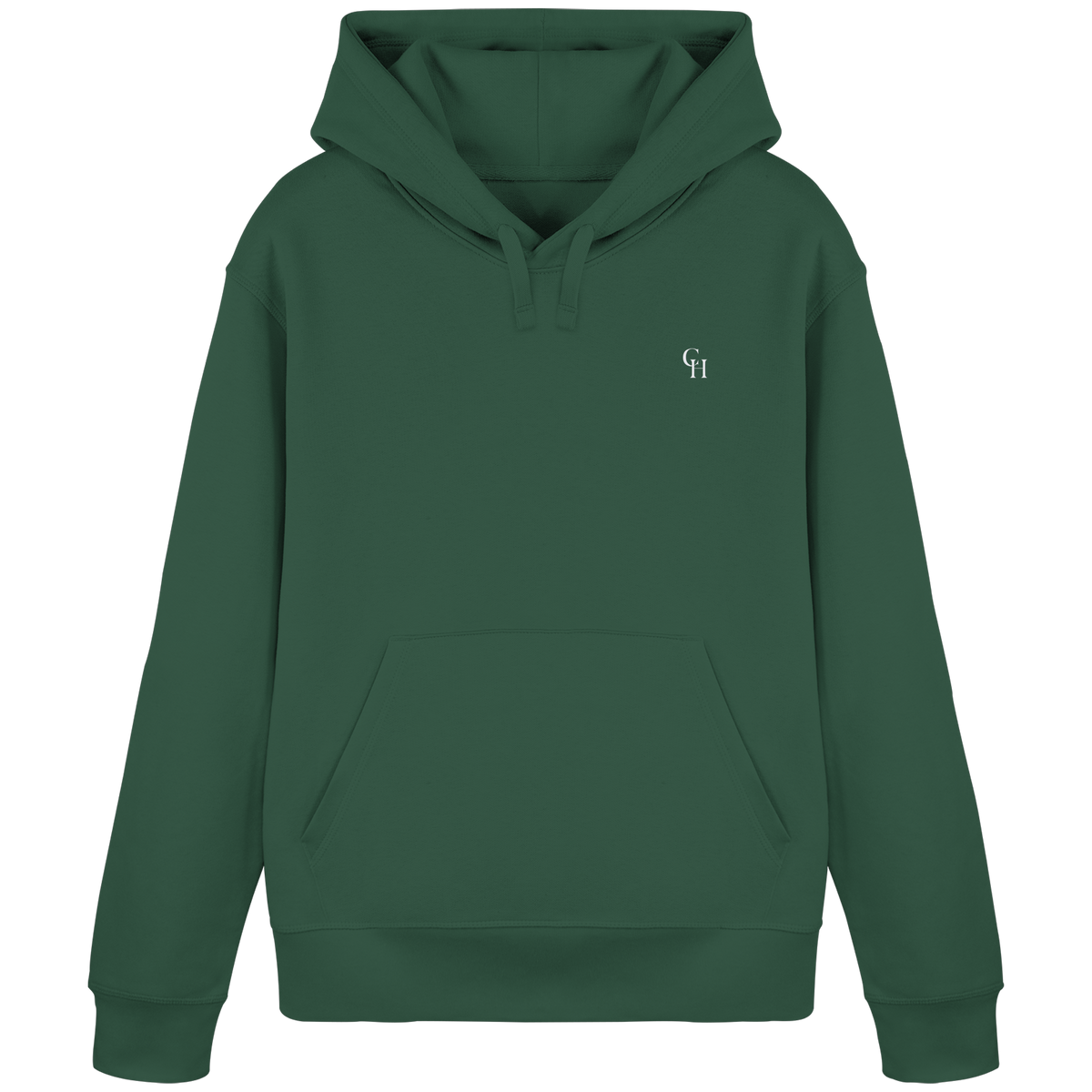 Grüner Unisex-Hoodie von CourthillXIX mit dezentem CH-Stick auf der Vorderseite und Courthill XIX Print auf der Rückseite