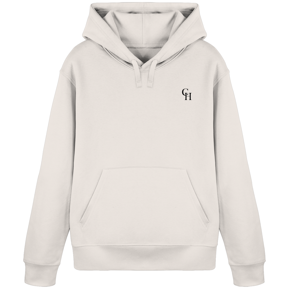 Beiger Unisex-Hoodie von CourthillXIX mit dezentem CH-Stick auf der Vorderseite und Courthill XIX Print auf der Rückseite