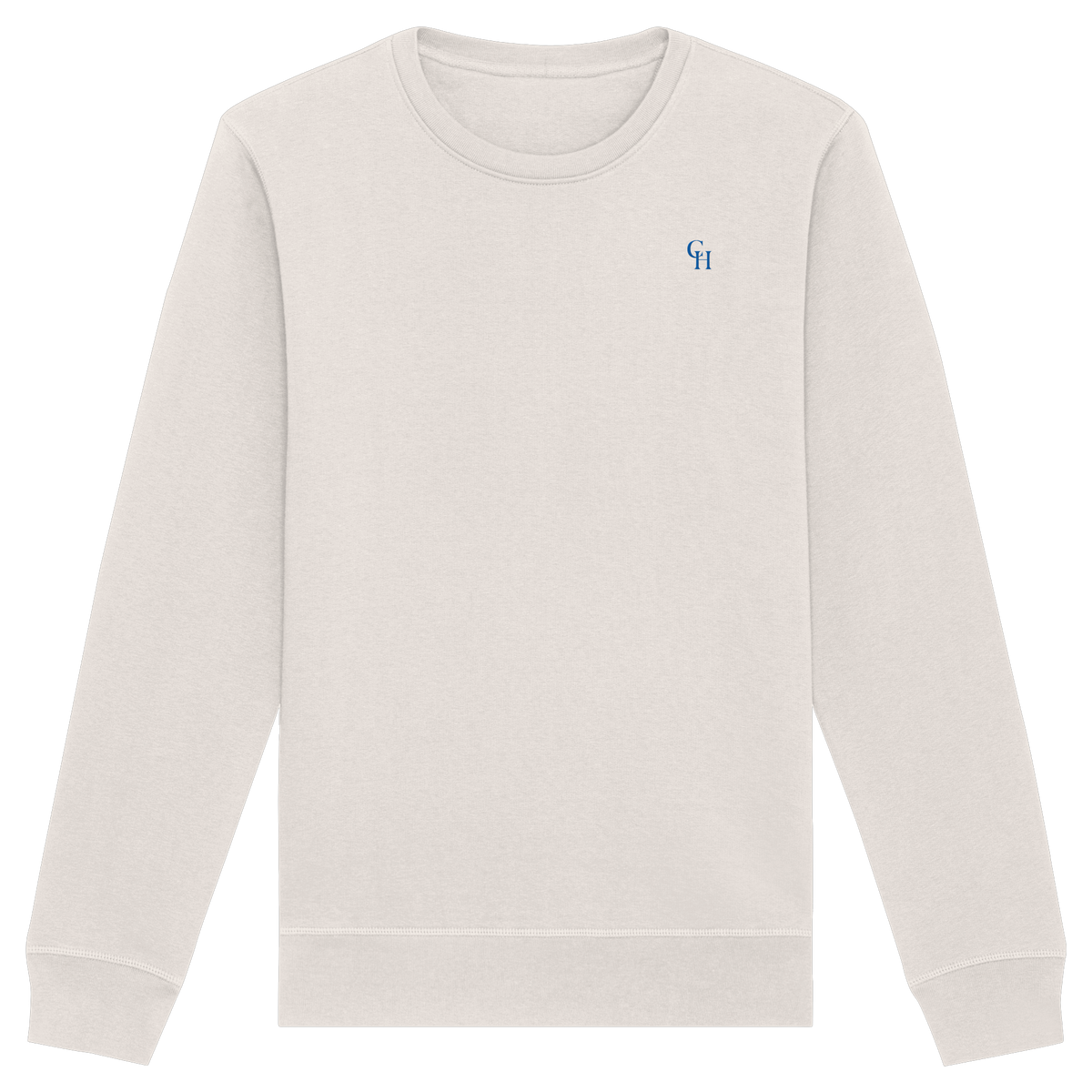 Beiger Unisex-Crewneck von CourthillXIX mit dezentem CH-Stick auf der Vorderseite und Courthill XIX Print auf der Rückseite
